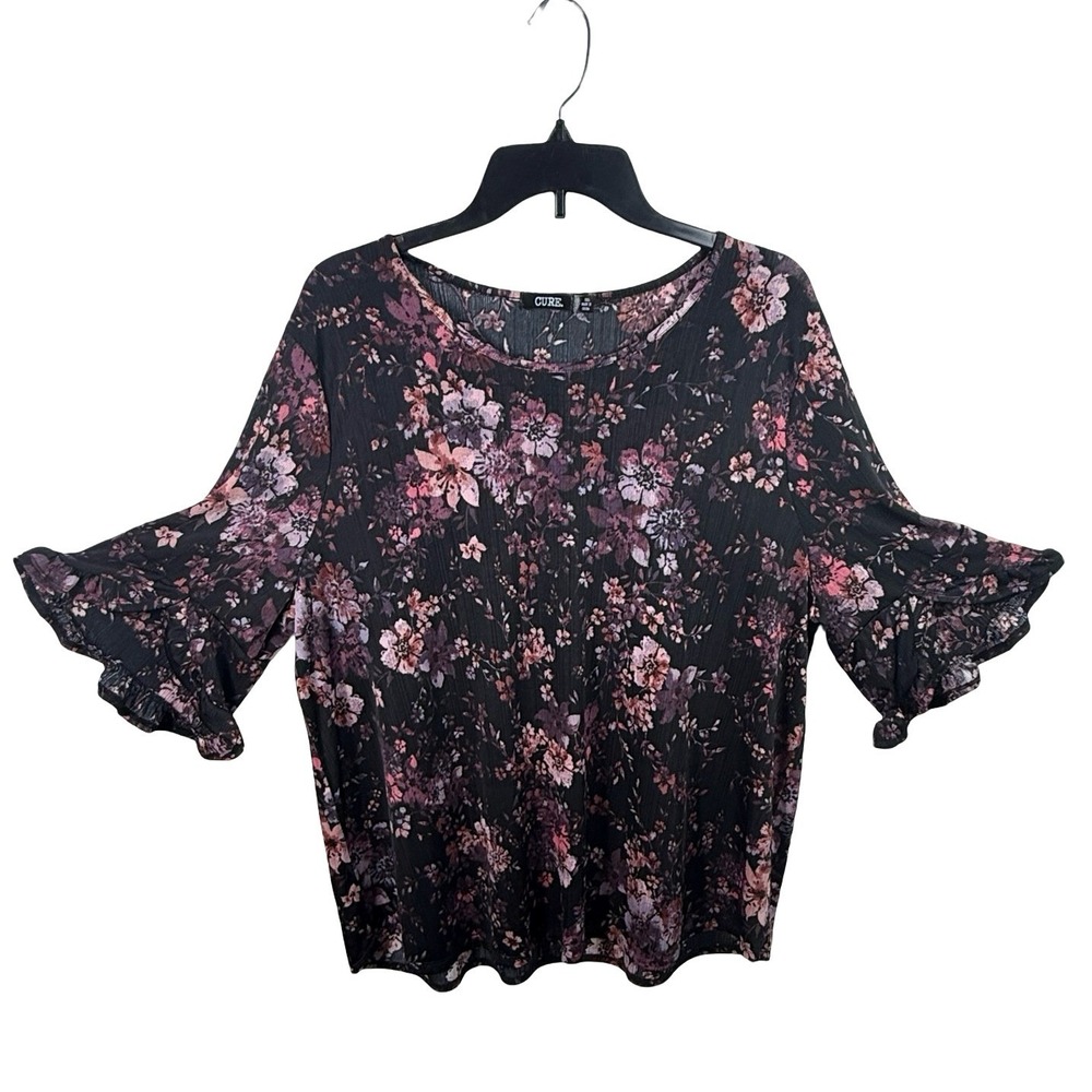 CURE. Womens 2XL Floral Ruffle Bell Sleeve Knit Blouse Moody romantic whimsigoth